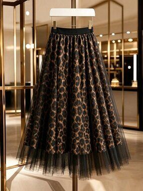 Black Elegant Women's Sexy Leopard Print Mid Rise Flared Maxi Skirt